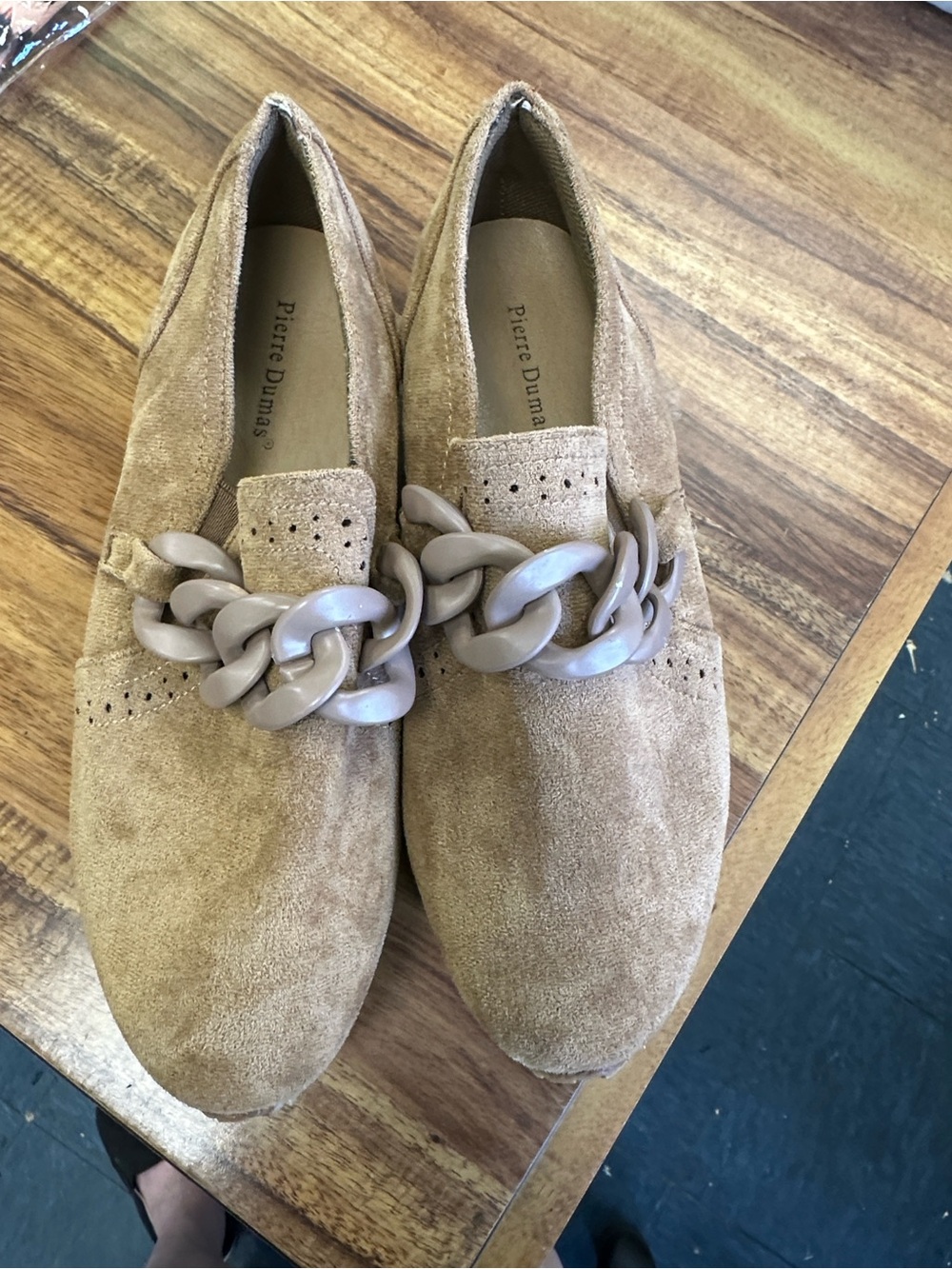 Pierre Dumas Tan Suede Loafers with Oversized Chain Accent